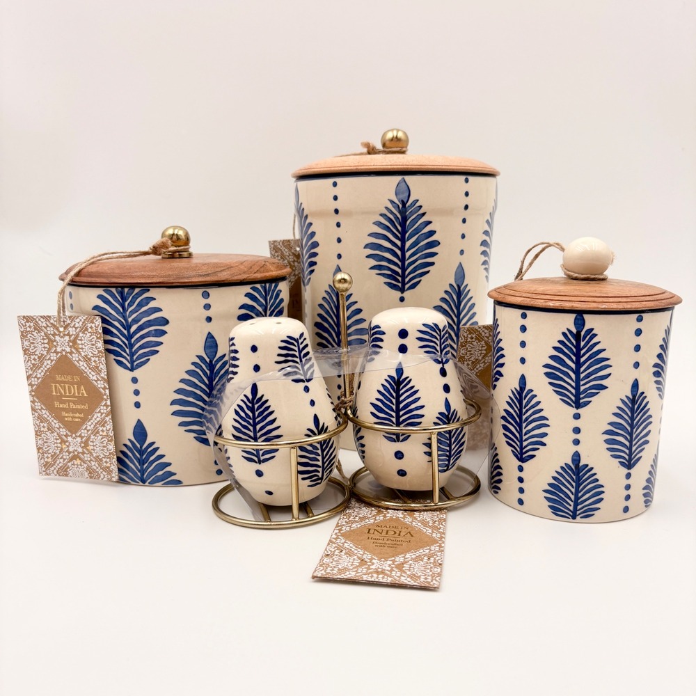 Made in India Hand Painted Ceramic Canister Set with Salt Pepper Shakers 5pc